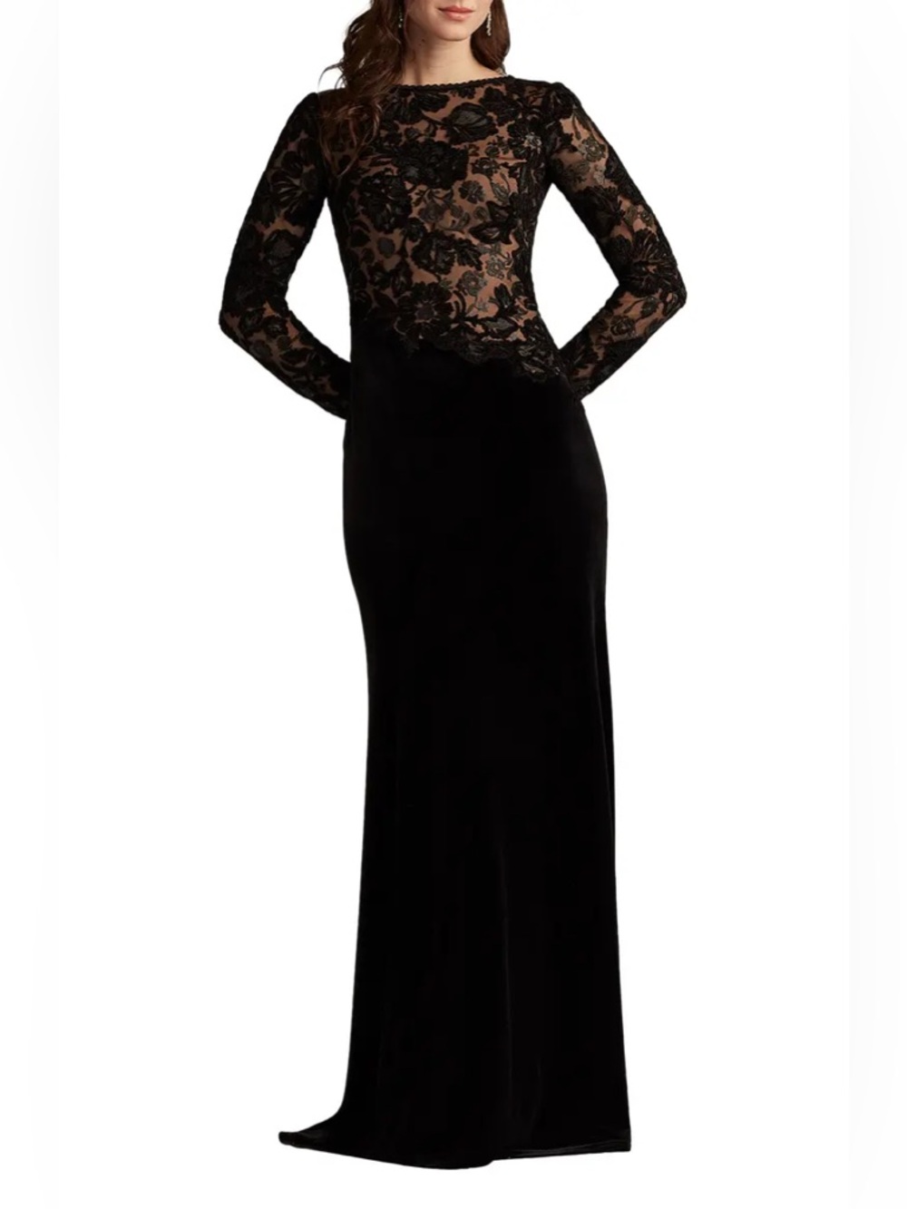 NEW NWT Tadashi Shoji Forena Floral Embroidered Crepe Maxi Gown Black/Nude